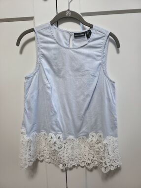 Light Blue Striped Lace-Hem Sleeveless Top
